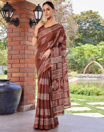 Brown Cotton Blend Printed Saree