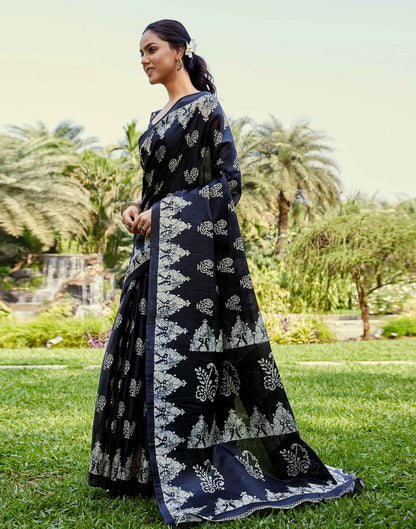 Black Cotton Blend Printed Saree