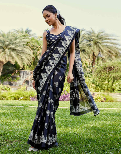 Black Cotton Blend Printed Saree