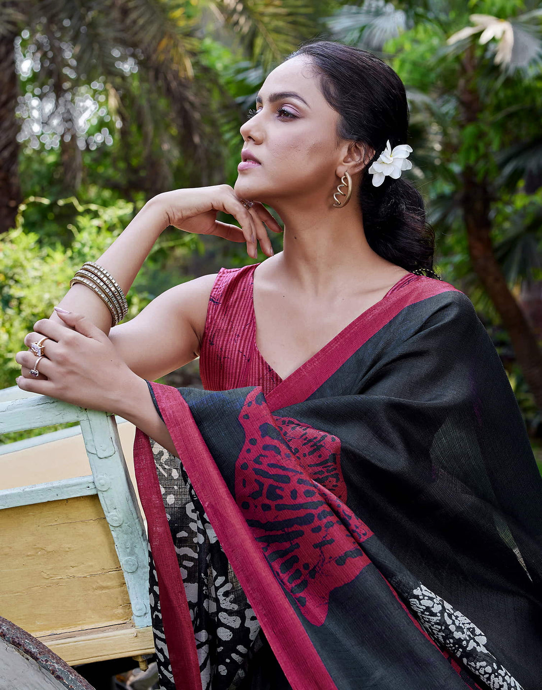 Black Cotton Blend Printed Saree