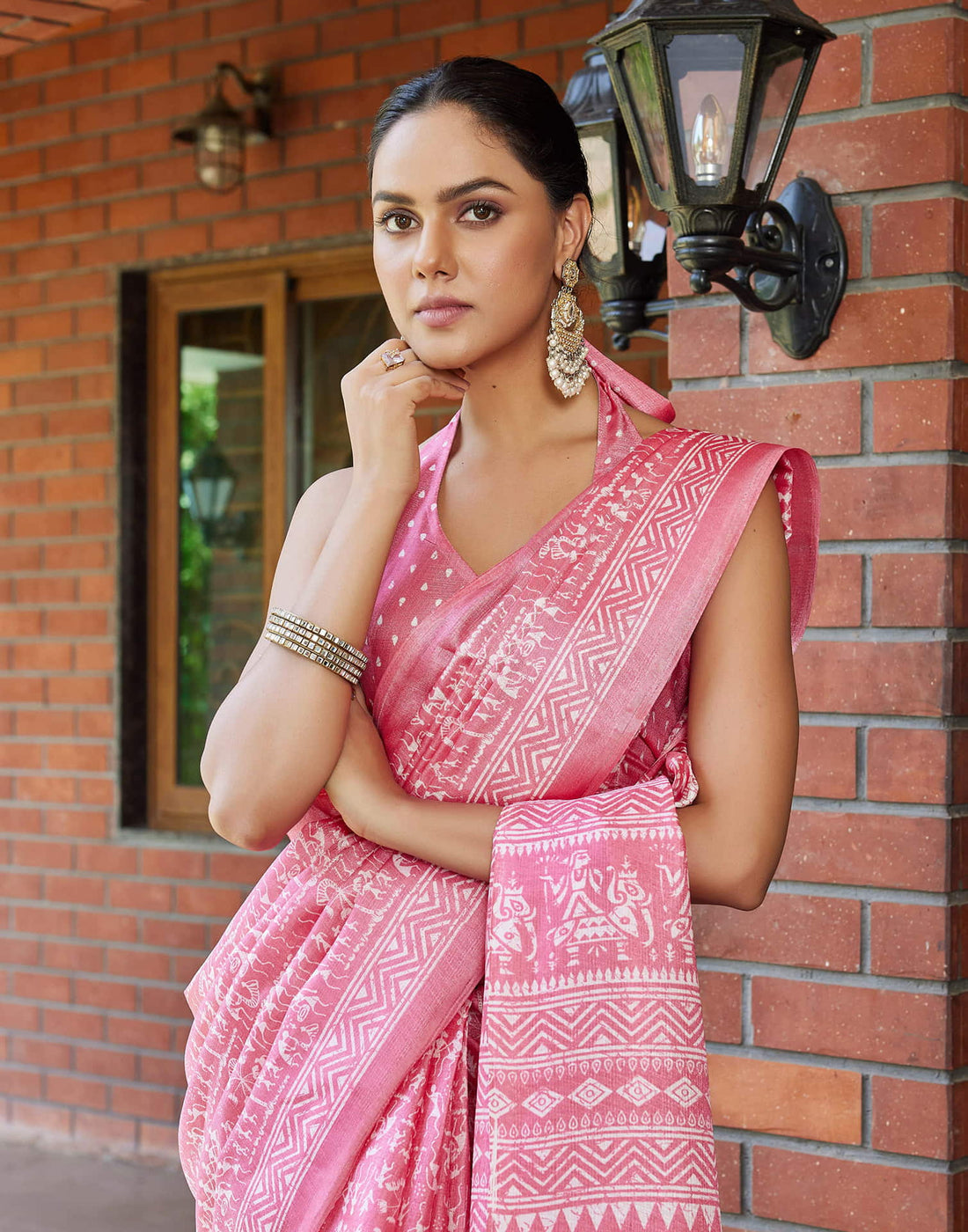 Baby Pink Cotton Blend Warli Printed Saree