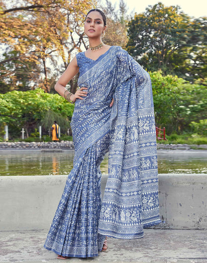 Dusty Blue Cotton Blend Warli Printed Saree