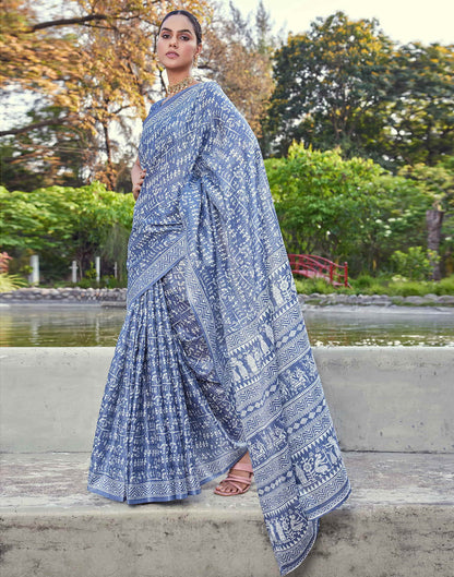 Dusty Blue Cotton Blend Warli Printed Saree