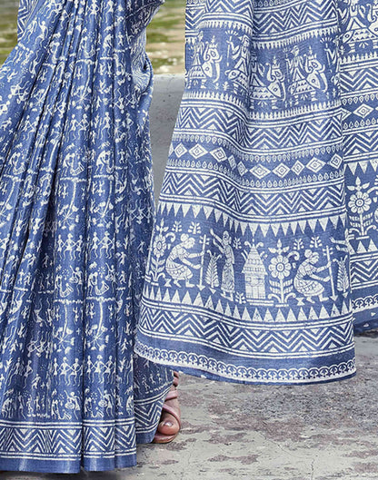 Dusty Blue Cotton Blend Warli Printed Saree