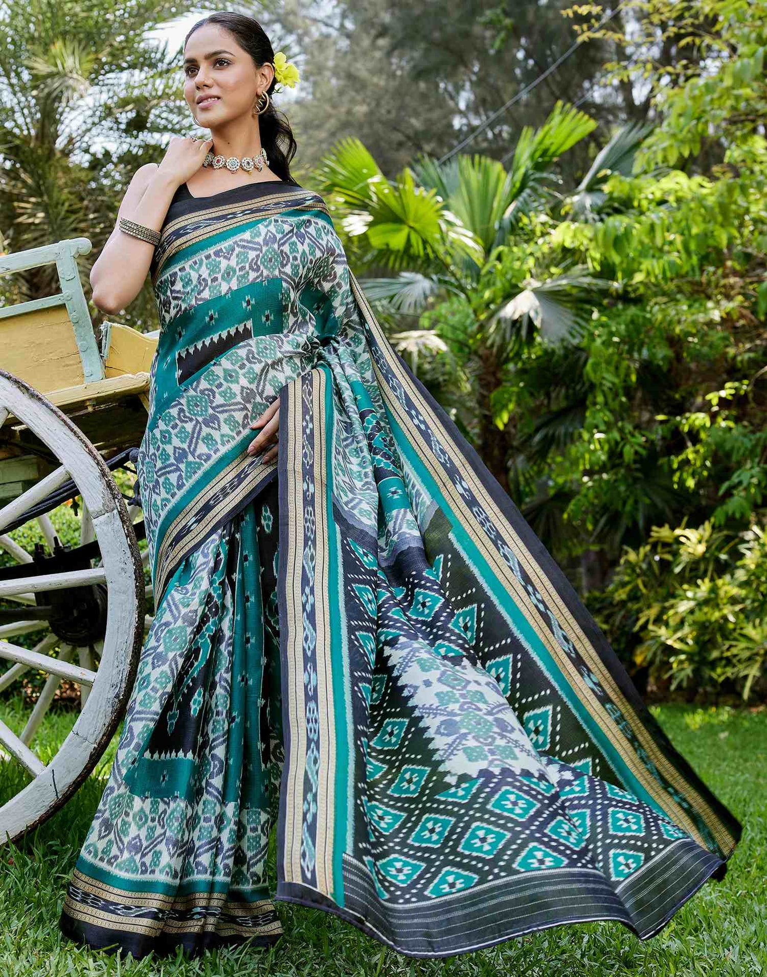 Teal Green Cotton Blend Printed Saree