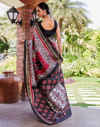 Red Cotton Blend Printed Saree