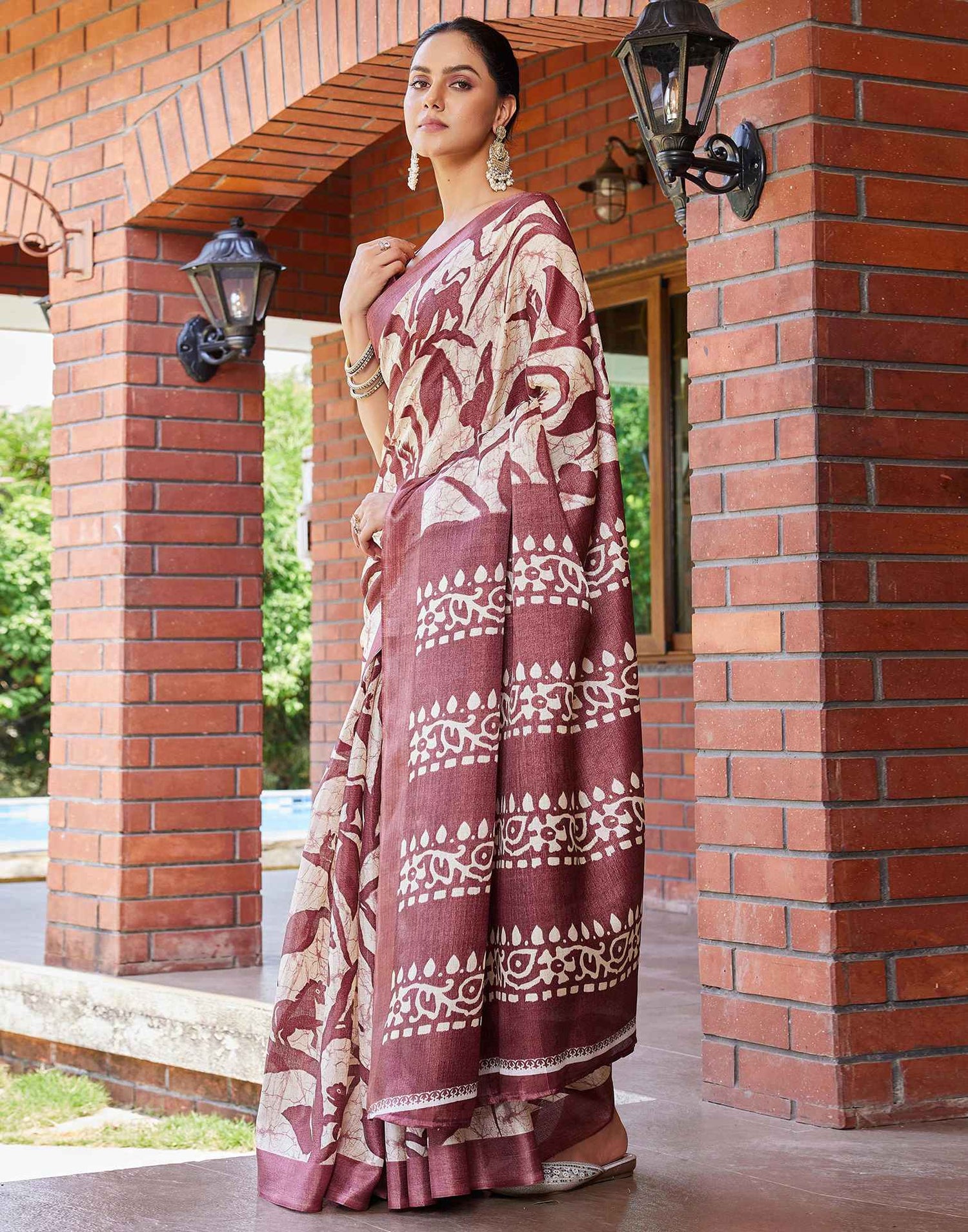 Dusty Wine Cotton Printed Saree