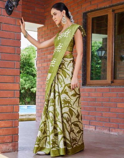Green Cotton Printed Saree