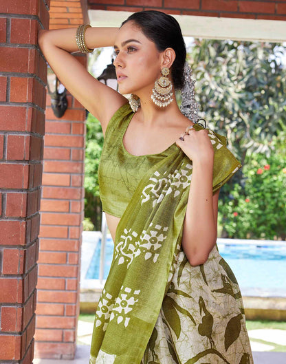 Green Cotton Printed Saree