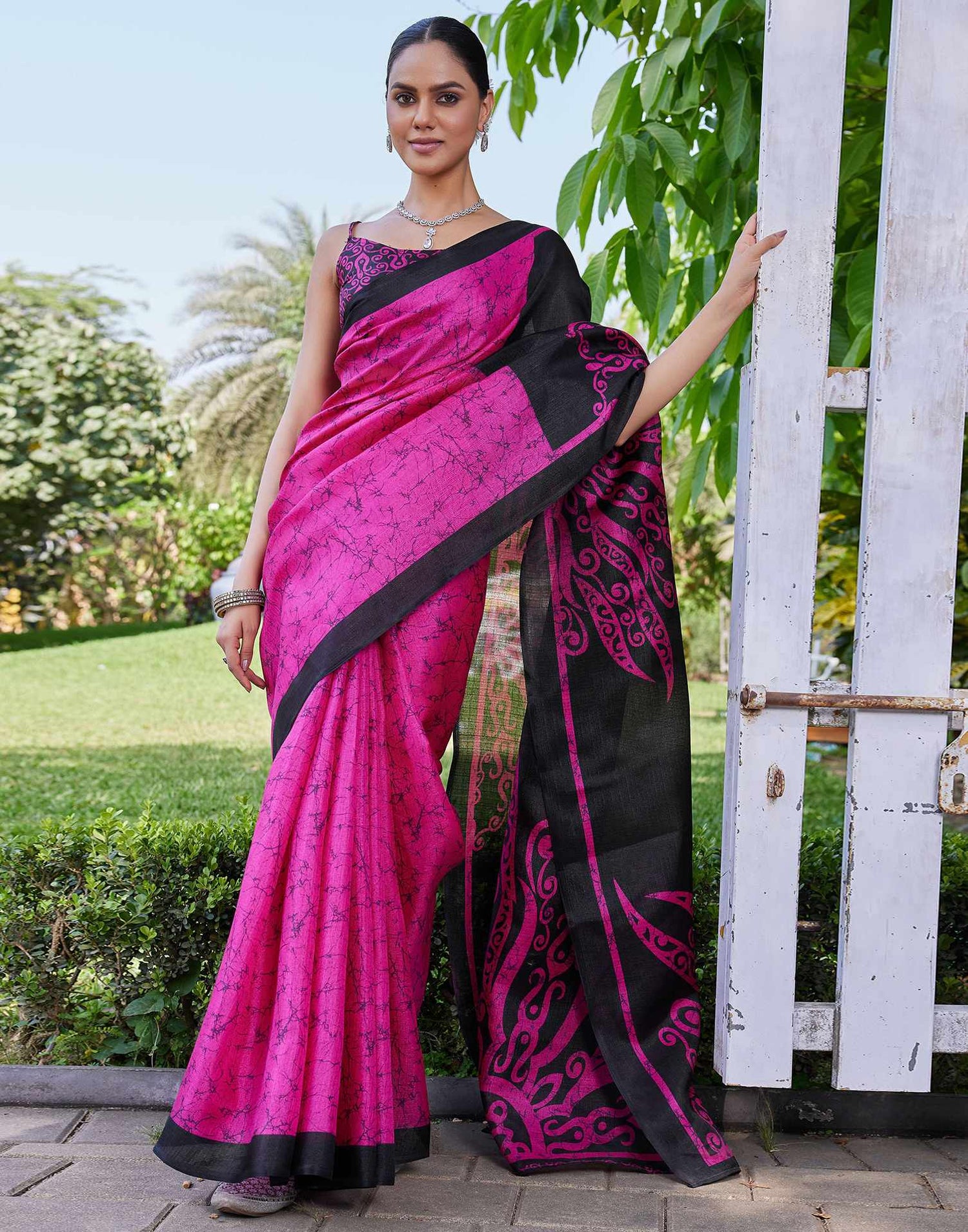 Rani Pink Cotton Printed Saree