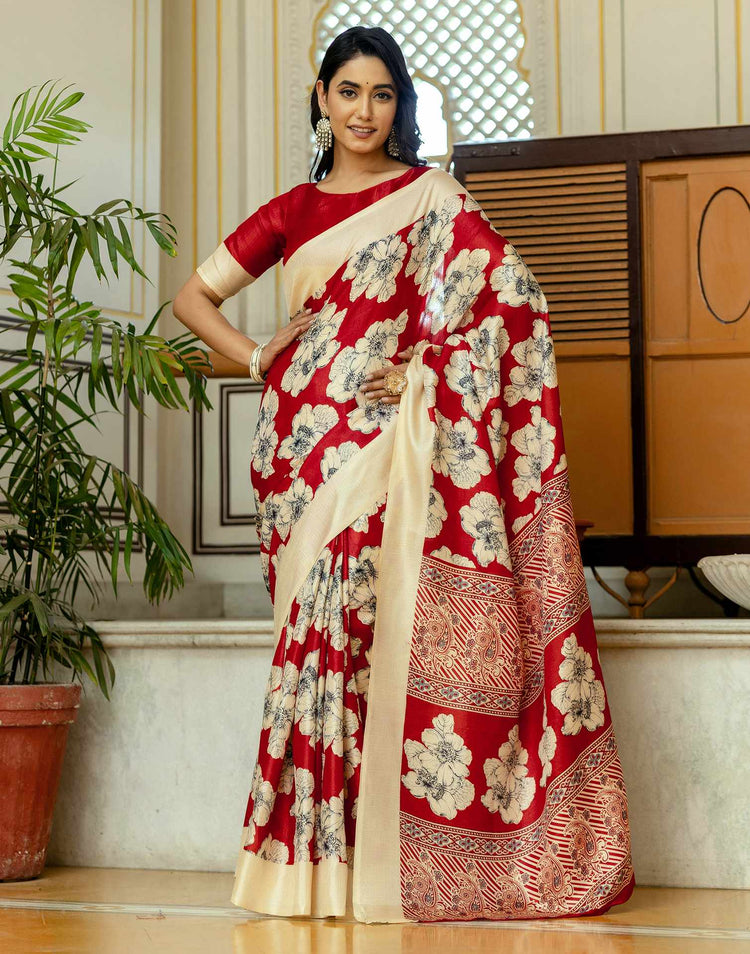 Red Cotton Floral Printed Saree