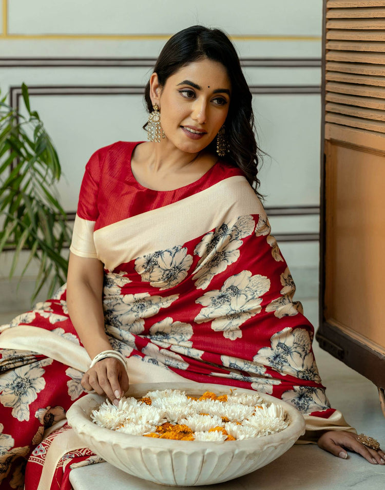 Red Cotton Floral Printed Saree