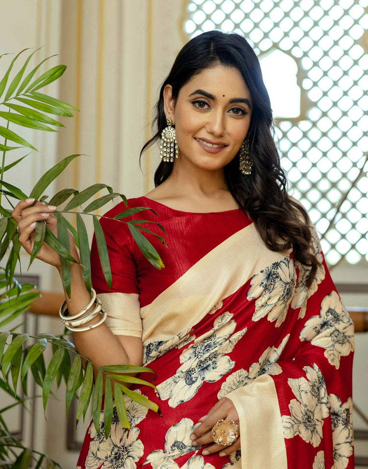 Red Cotton Floral Printed Saree