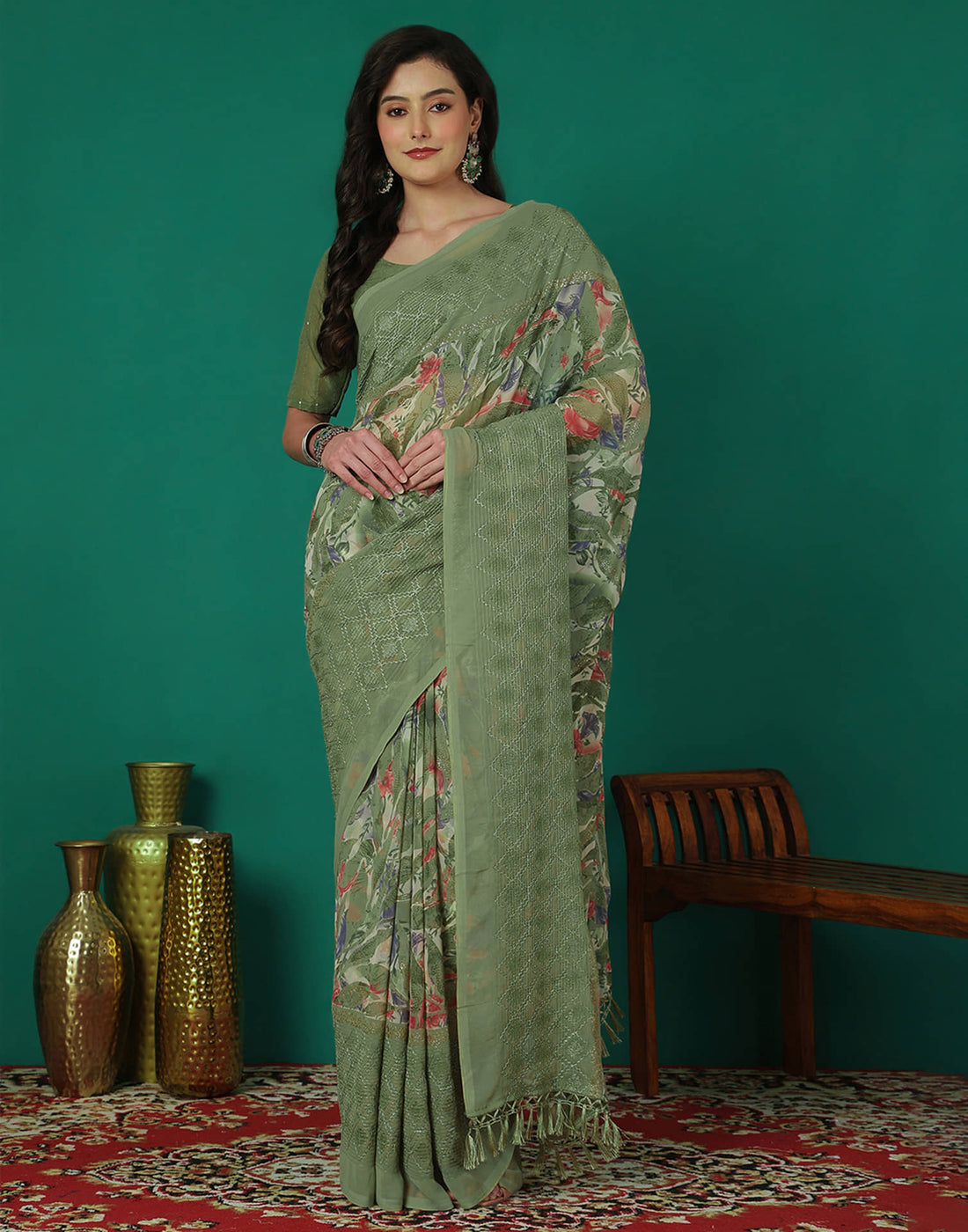 Green Georgette Printed Saree
