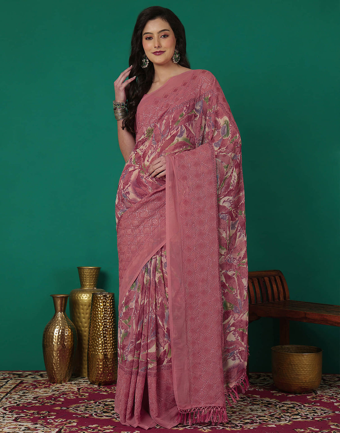Pink Georgette Printed Saree