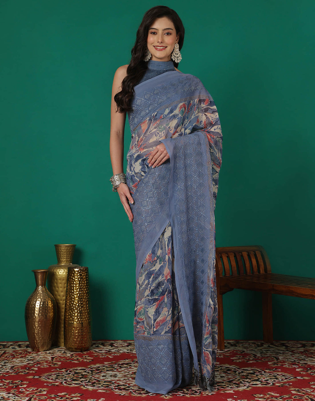 Dusty Blue Georgette Printed Saree
