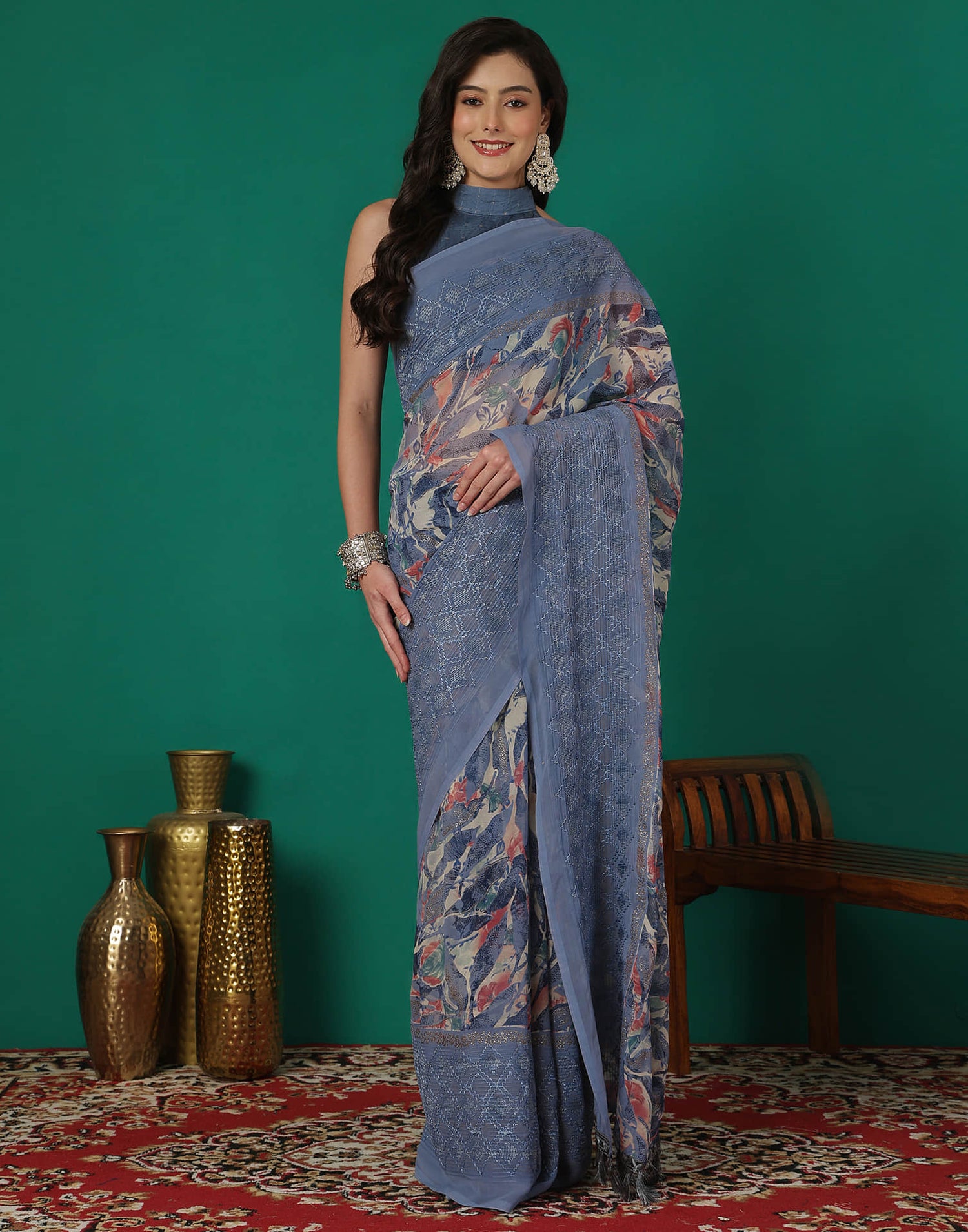 Dusty Blue Georgette Printed Saree