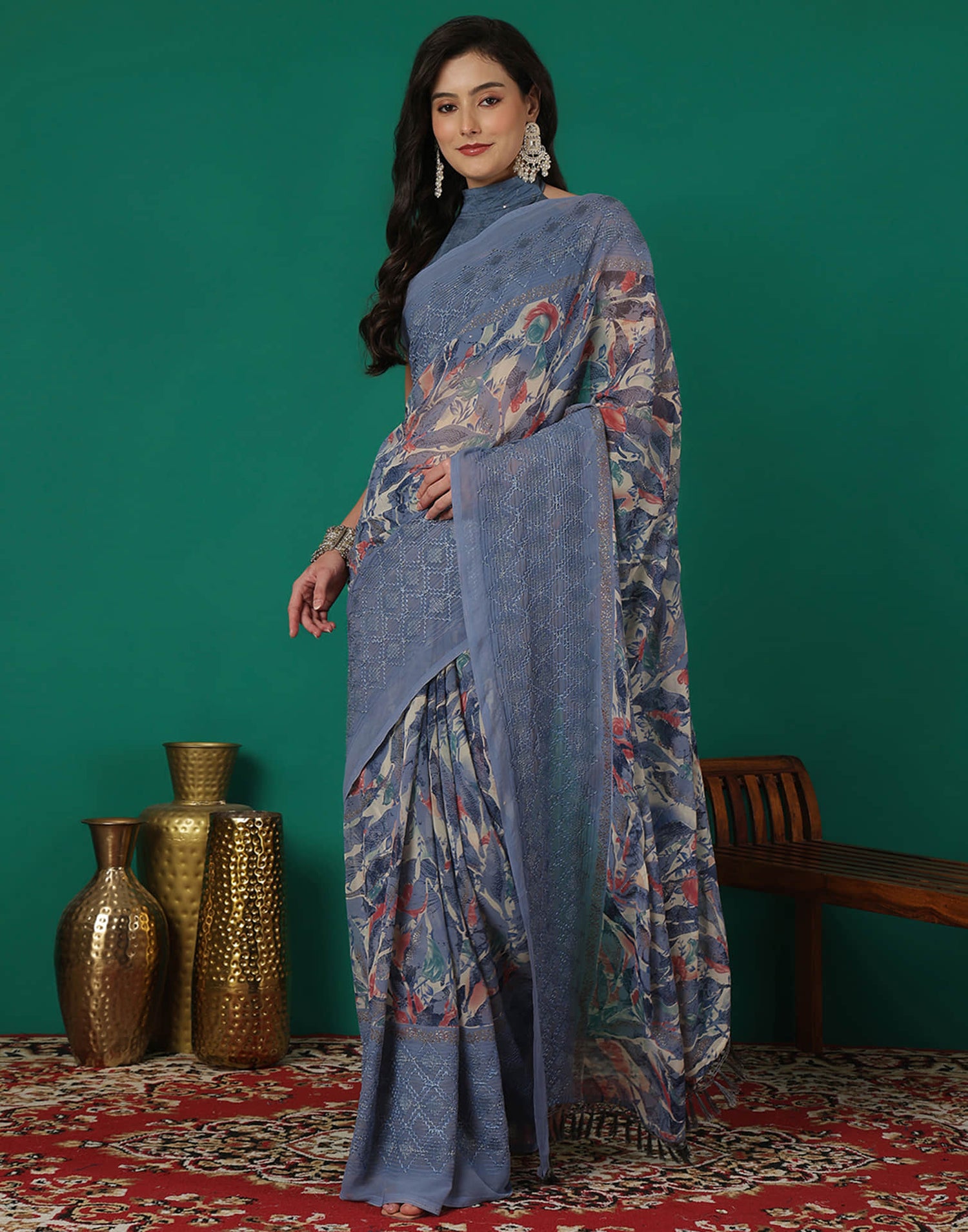 Dusty Blue Georgette Printed Saree