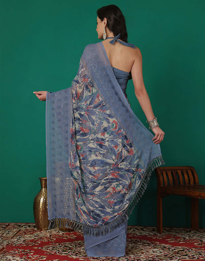 Dusty Blue Georgette Printed Saree