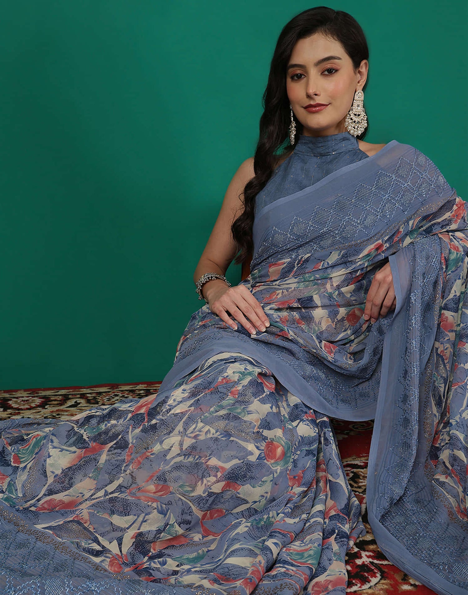 Dusty Blue Georgette Printed Saree
