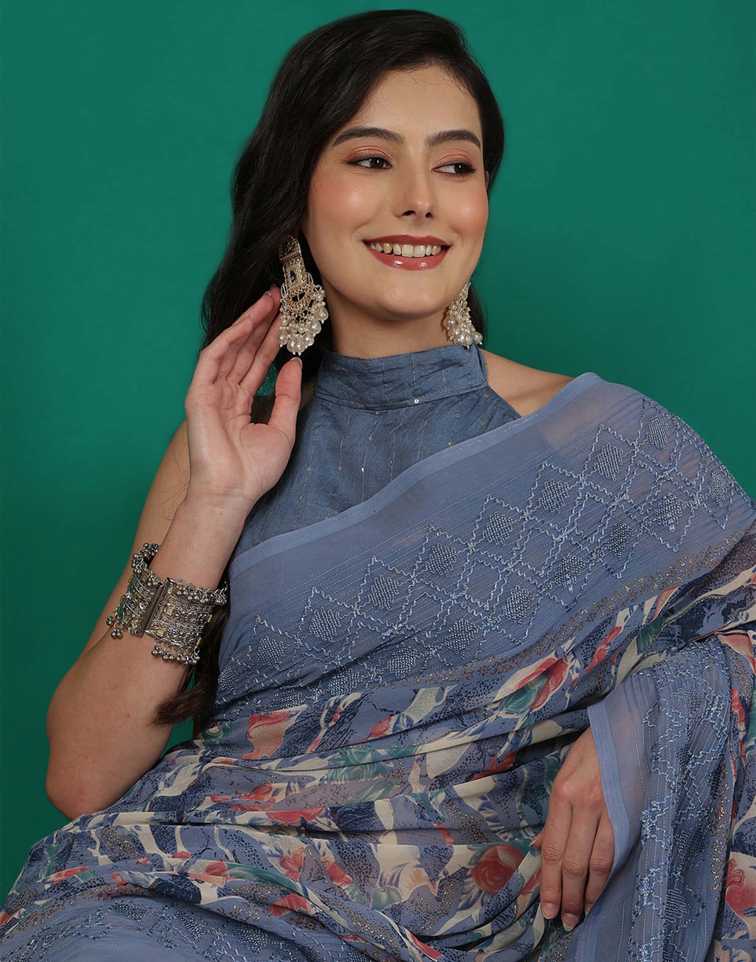 Dusty Blue Georgette Printed Saree