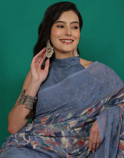 Dusty Blue Georgette Printed Saree