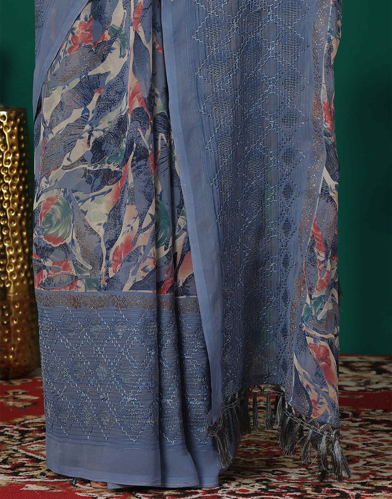 Dusty Blue Georgette Printed Saree