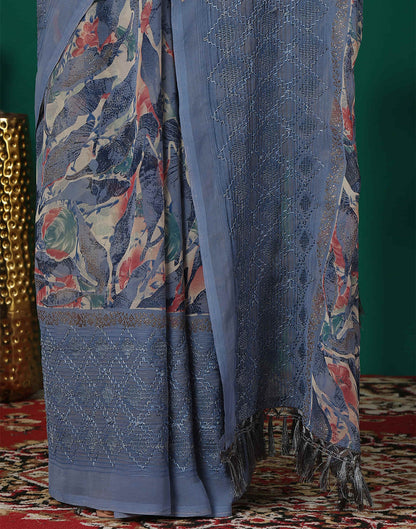 Dusty Blue Georgette Printed Saree