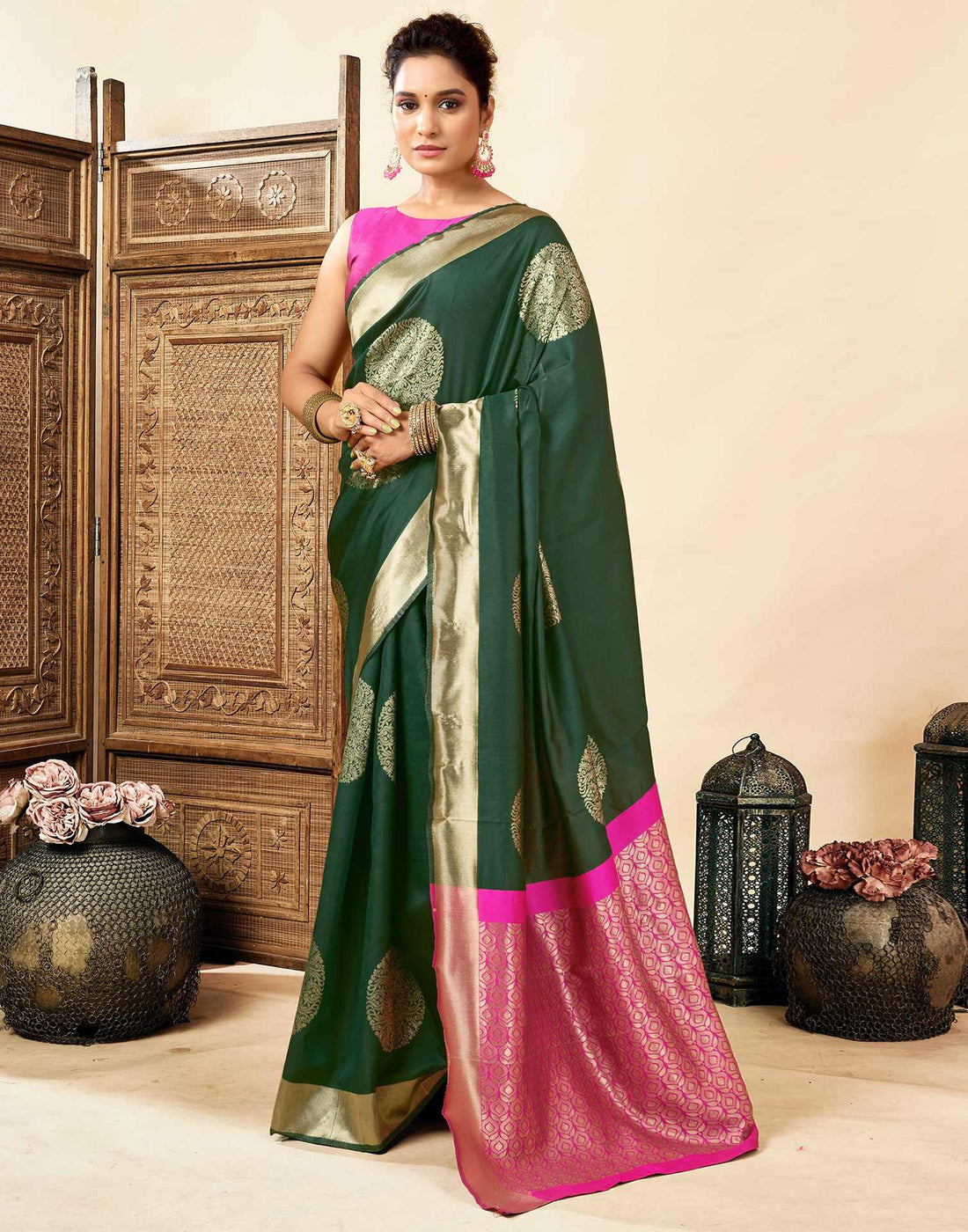 Dark Green Silk Woven Saree