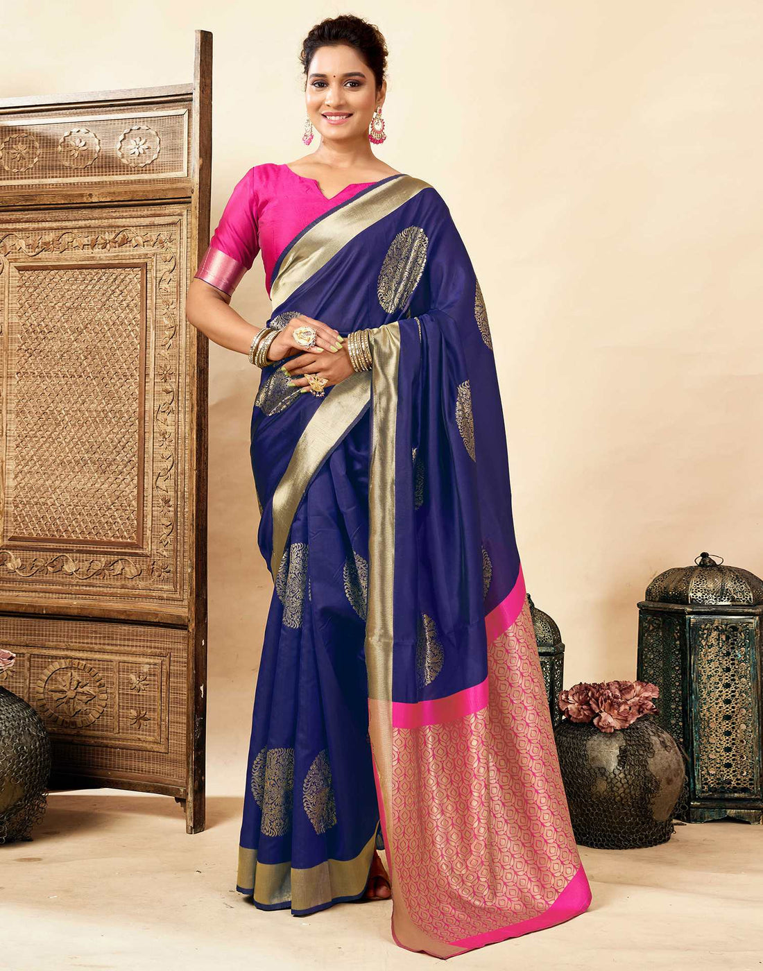 Navy Blue Silk Woven Saree
