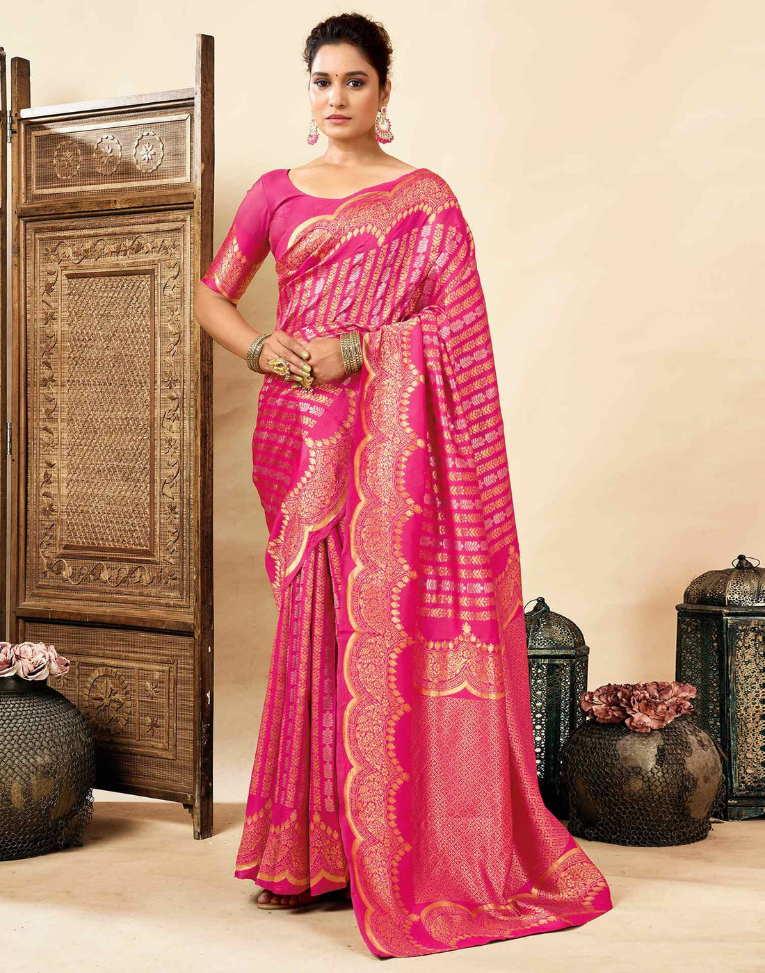 Bright Pink Silk Woven Banarasi Saree