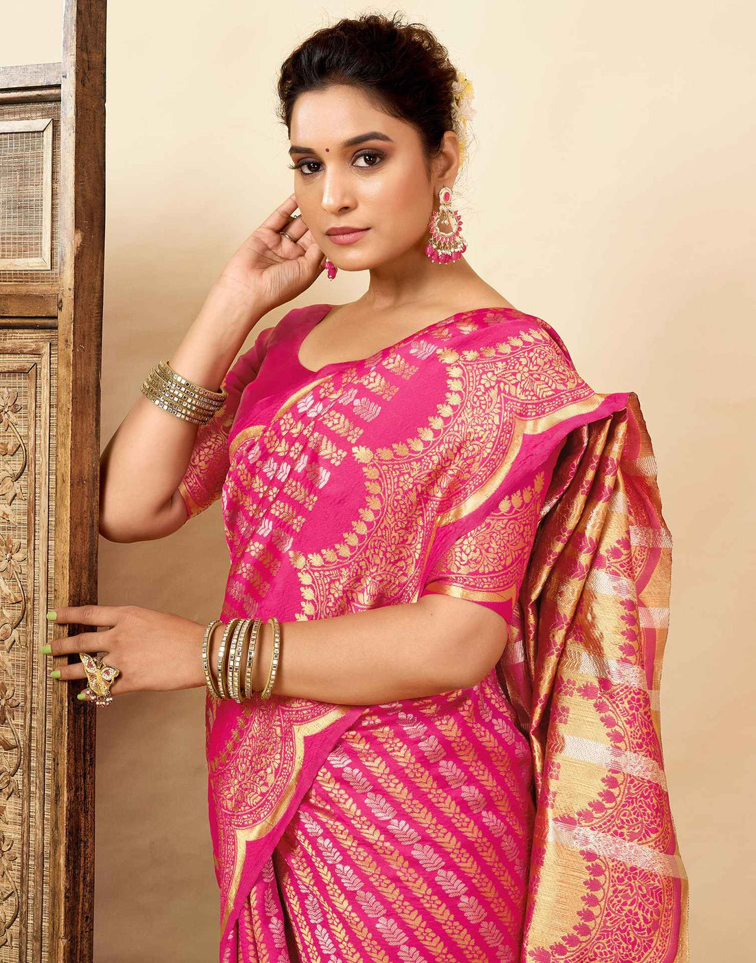 Bright Pink Silk Woven Banarasi Saree