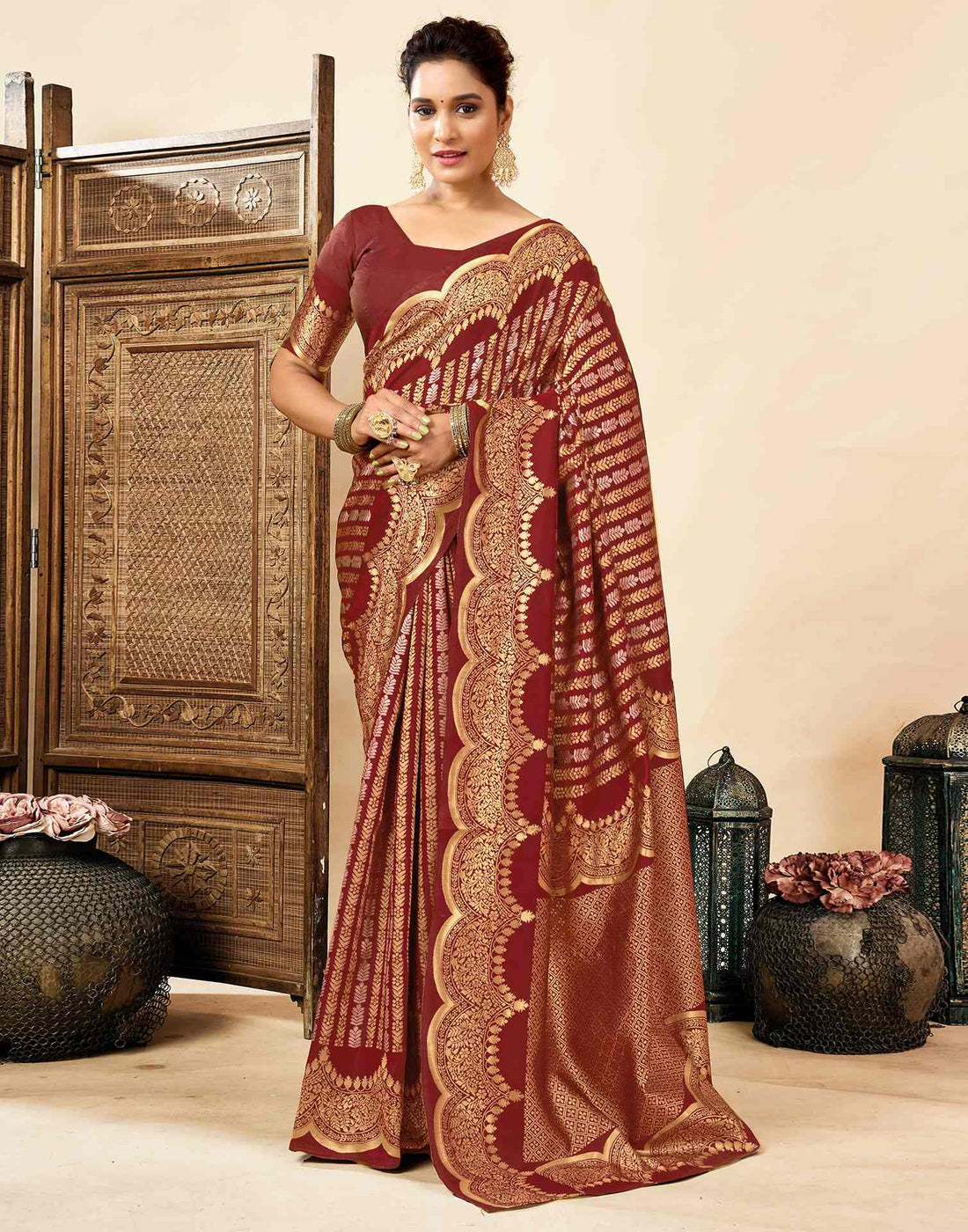 Maroon Silk Woven Banarasi Saree