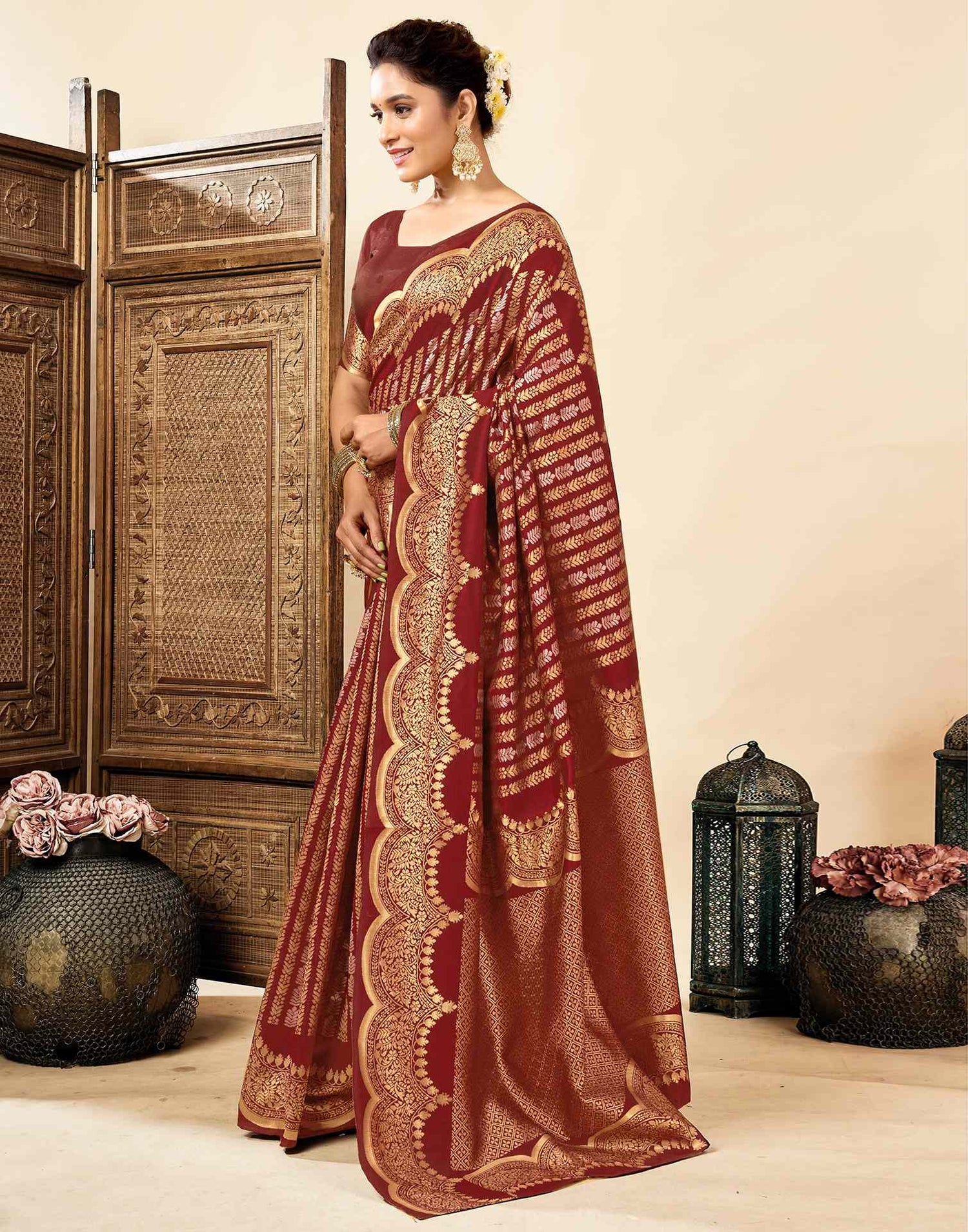 Maroon Silk Woven Banarasi Saree