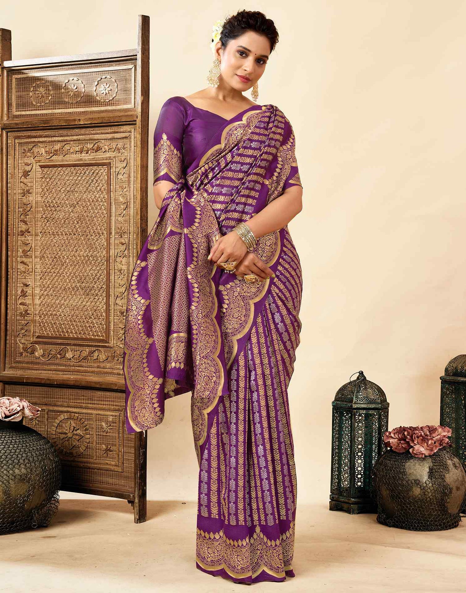 Dark Purple Silk Woven Banarasi Saree