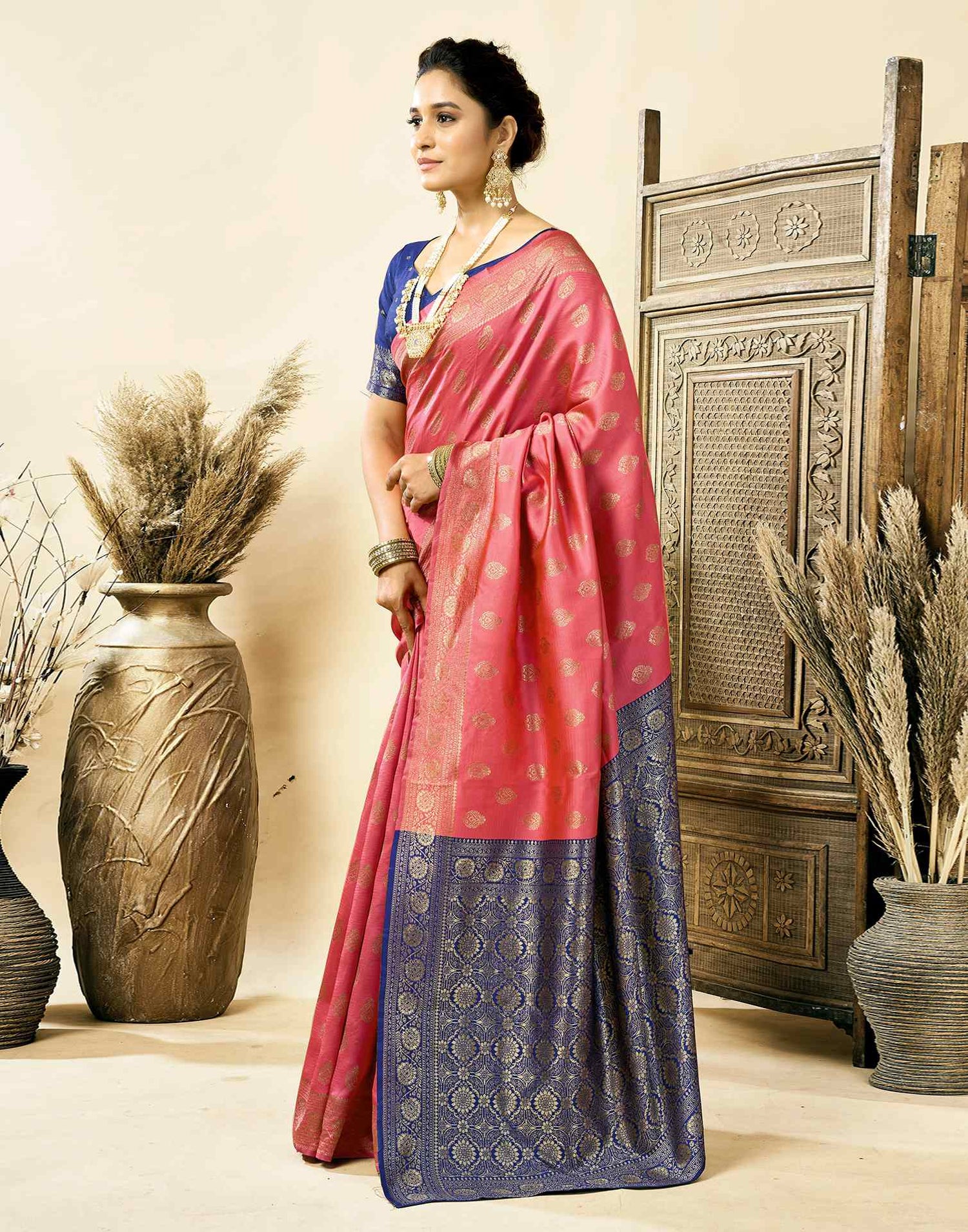 Rose Pink Silk Woven Banarasi Saree