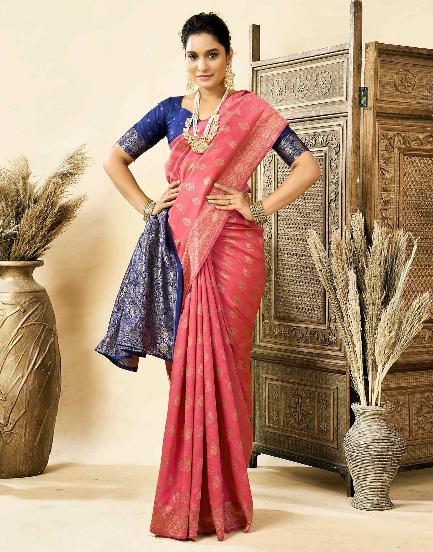 Rose Pink Silk Woven Banarasi Saree