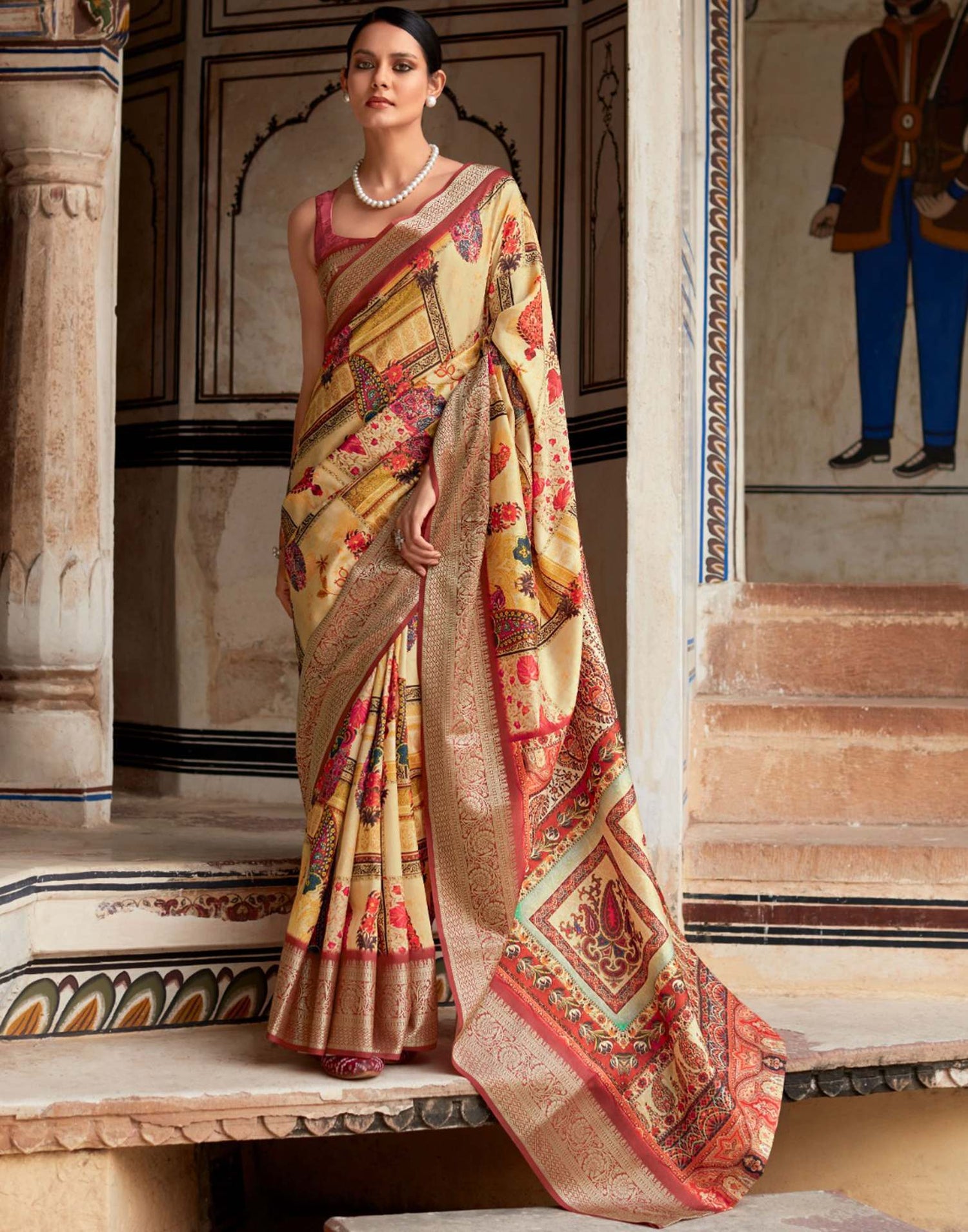 Yellow Dola Silk Printed Saree