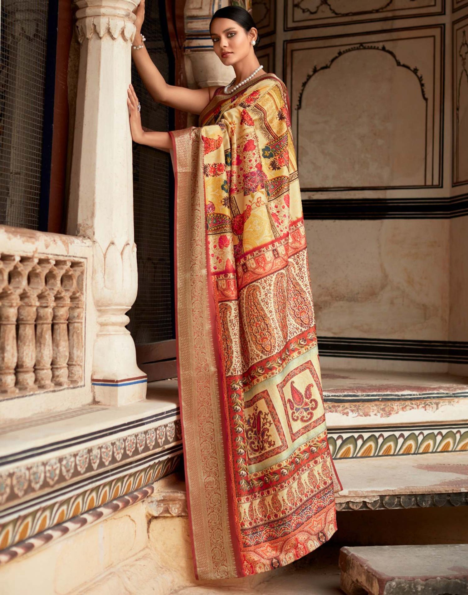 Yellow Dola Silk Printed Saree