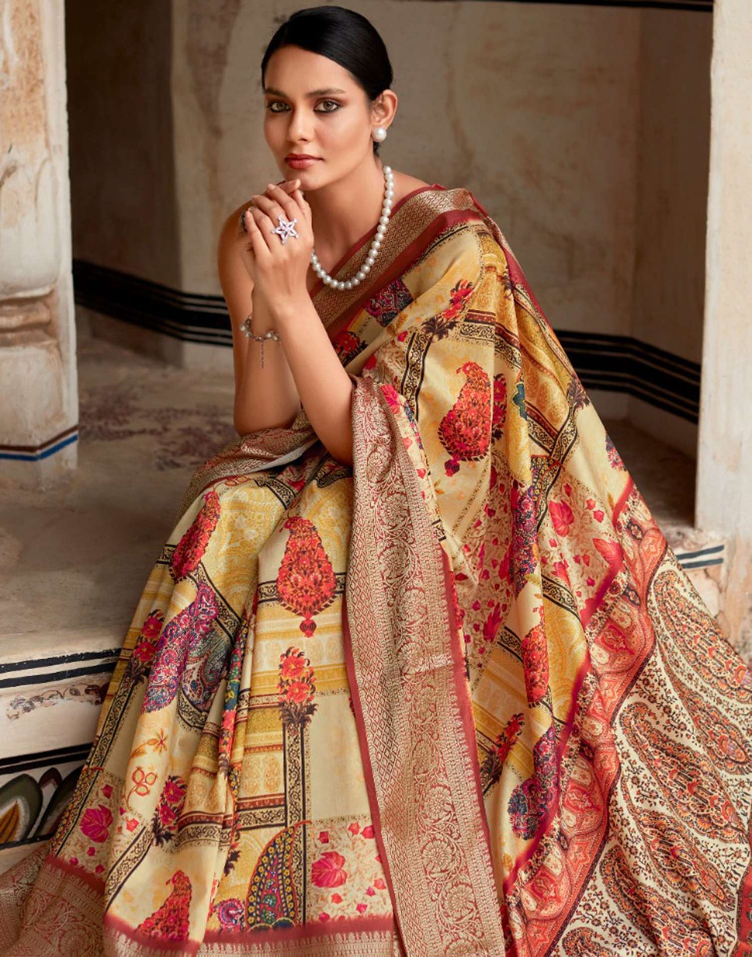 Yellow Dola Silk Printed Saree