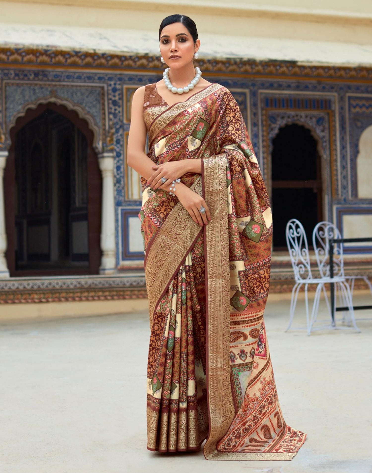 Brown Dola Silk Printed Saree