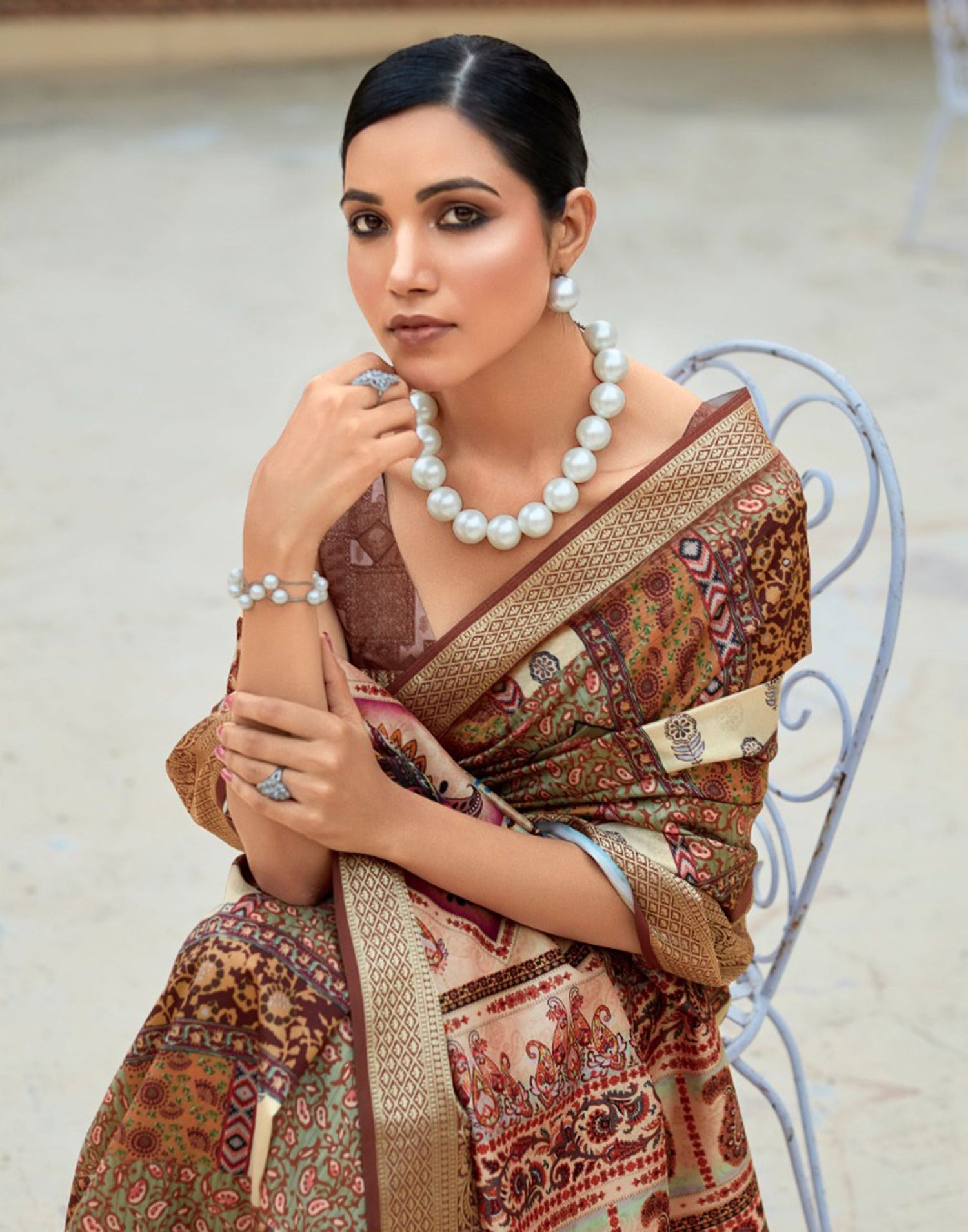 Brown Dola Silk Printed Saree