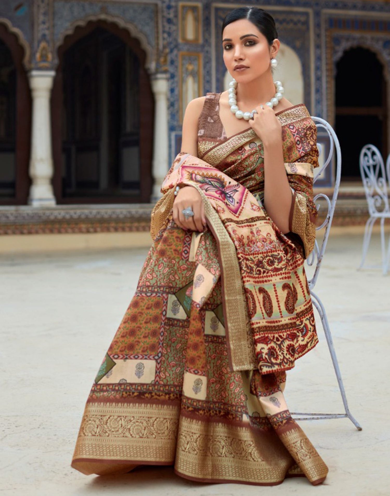 Brown Dola Silk Printed Saree