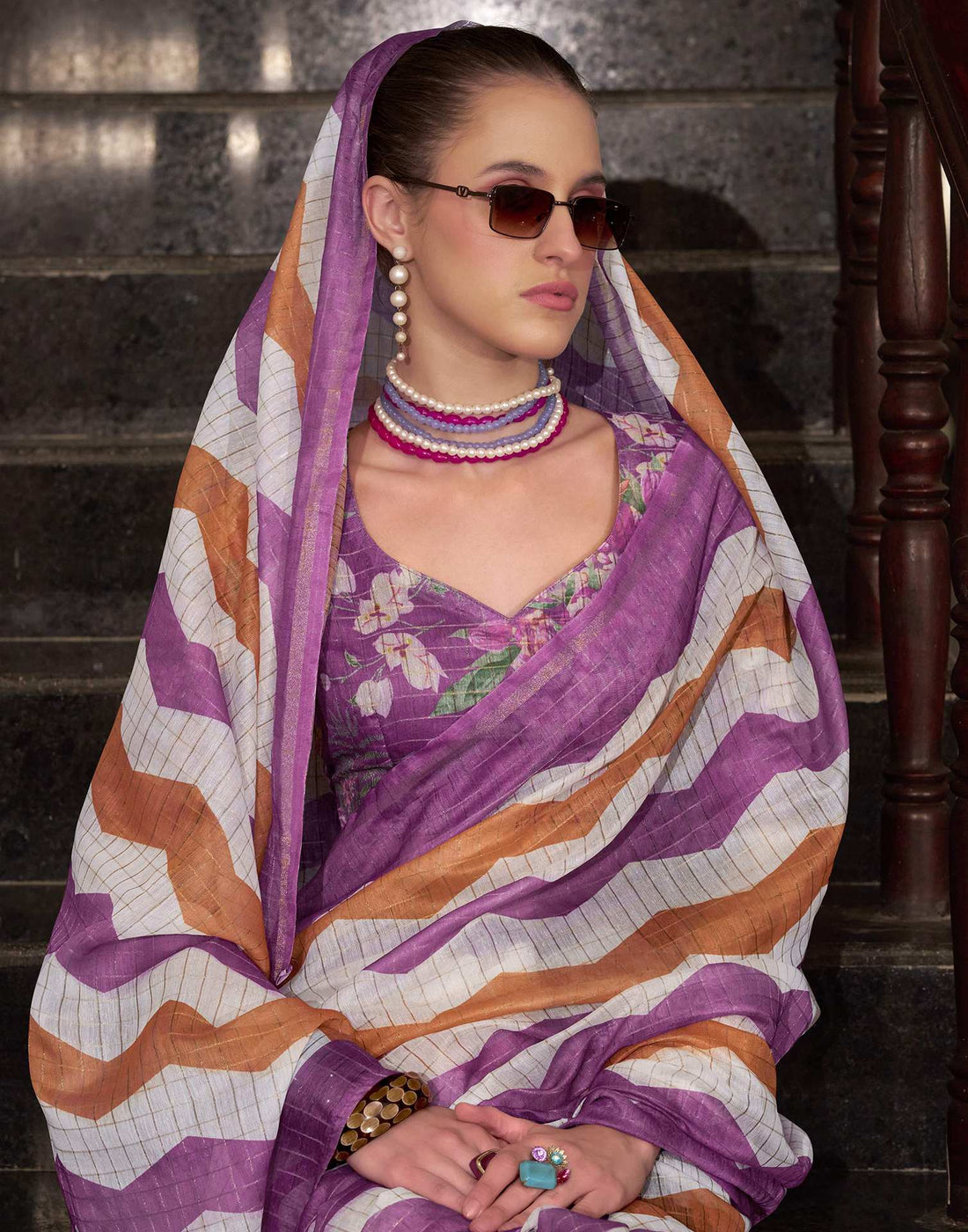 Purple Linen Printed Saree