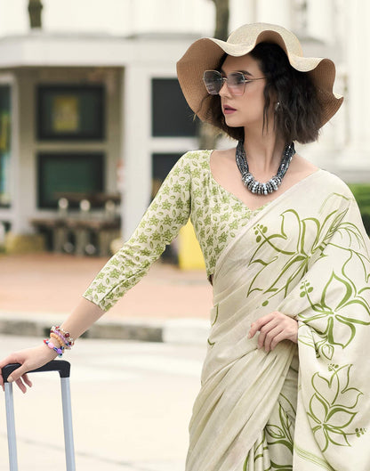 Off White Satin Floral Printed Saree