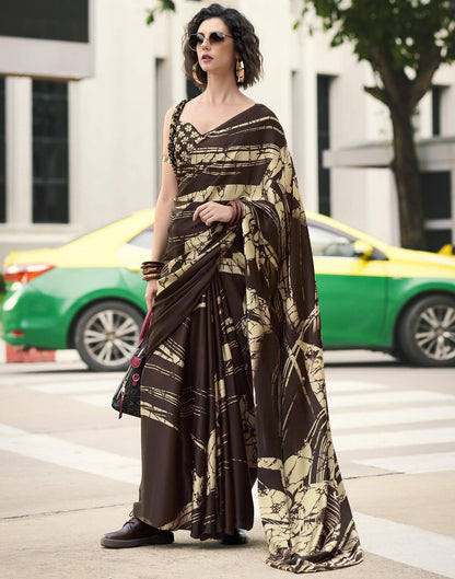 Brown Satin Printed Saree