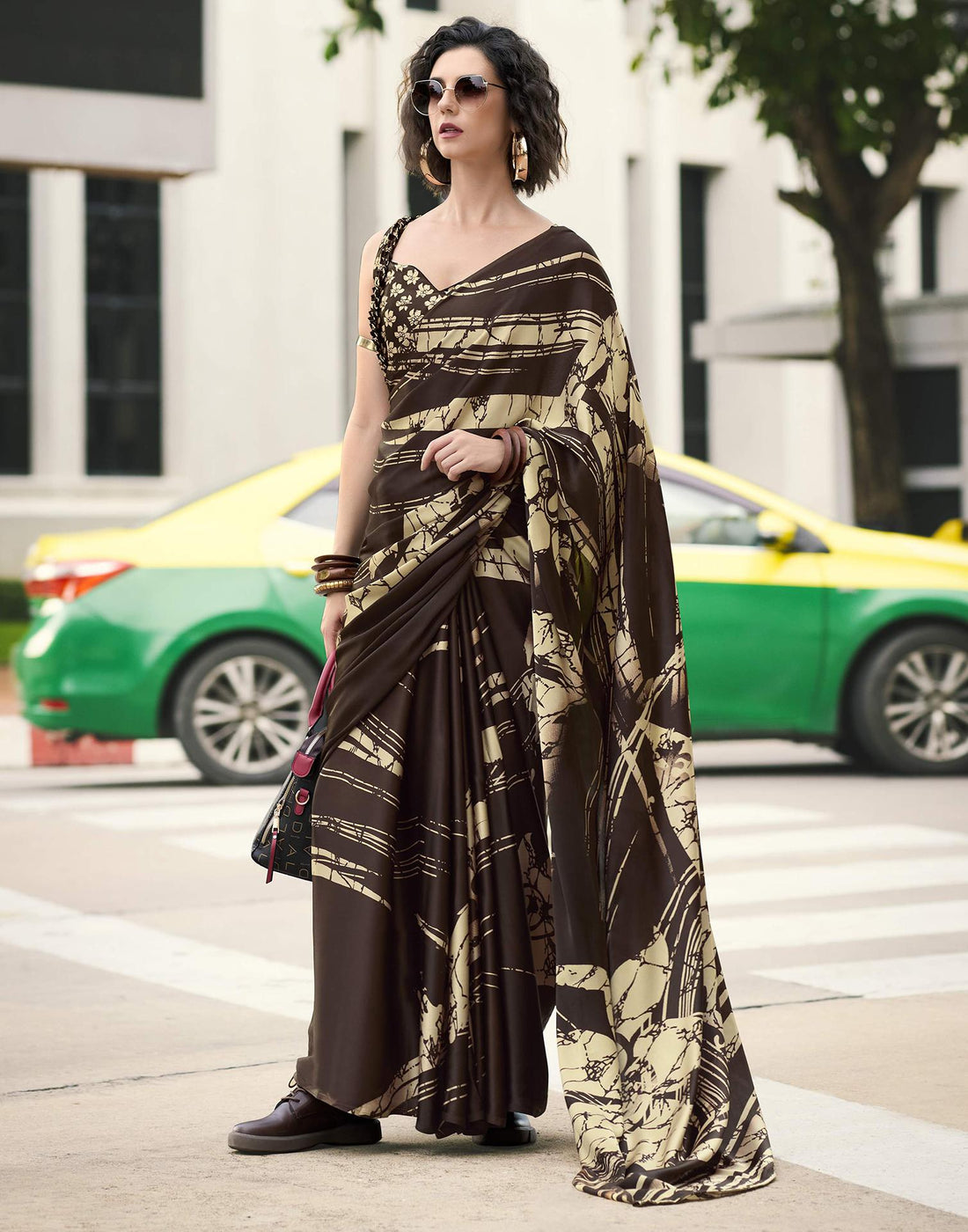 Brown Satin Printed Saree