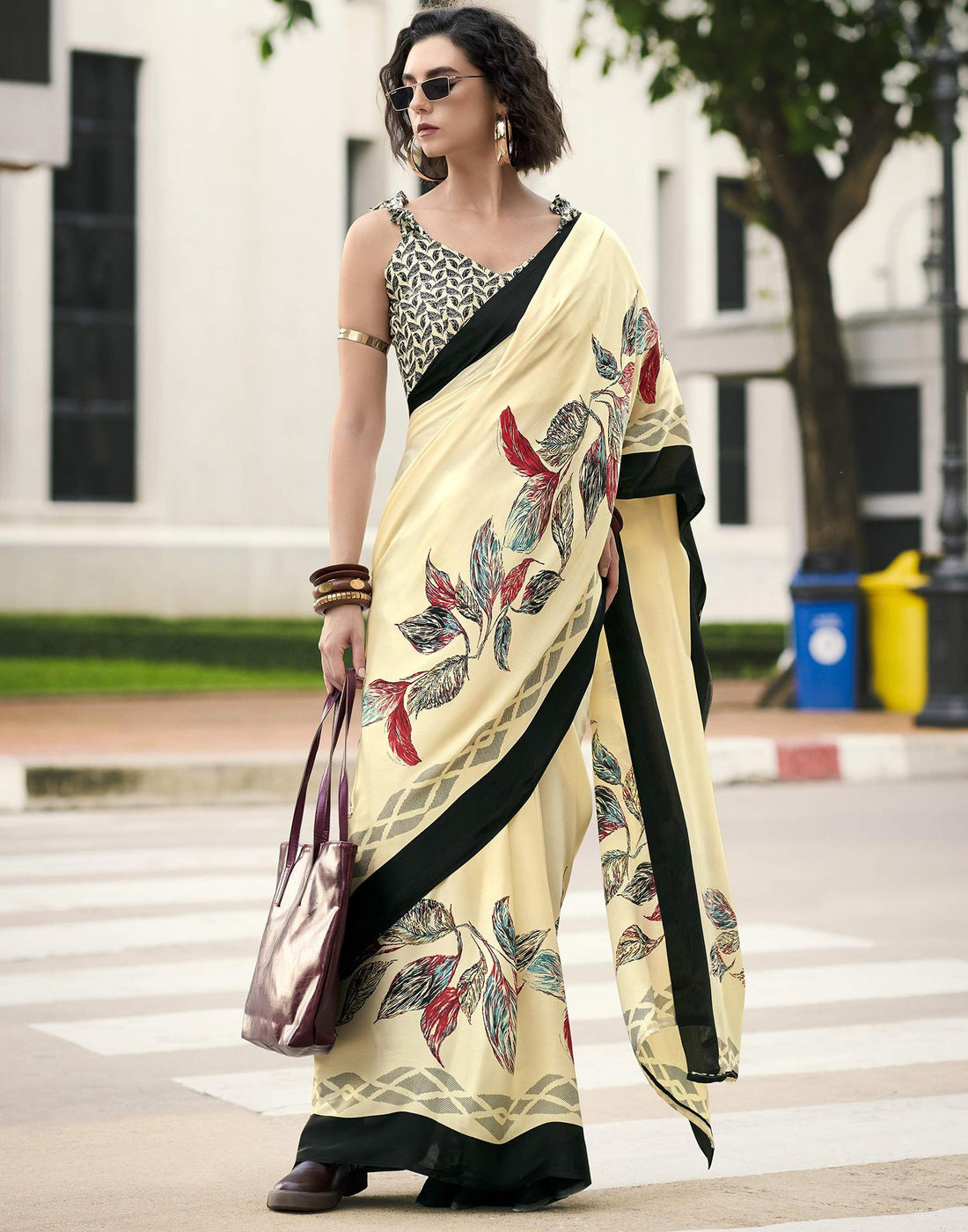 Creme Satin Floral Printed Saree