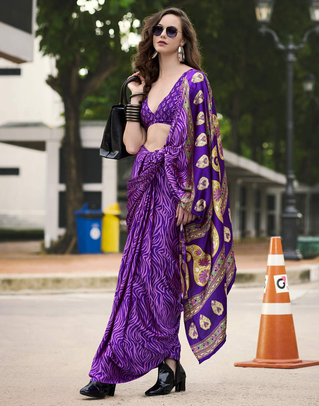 Purple Satin Printed Saree