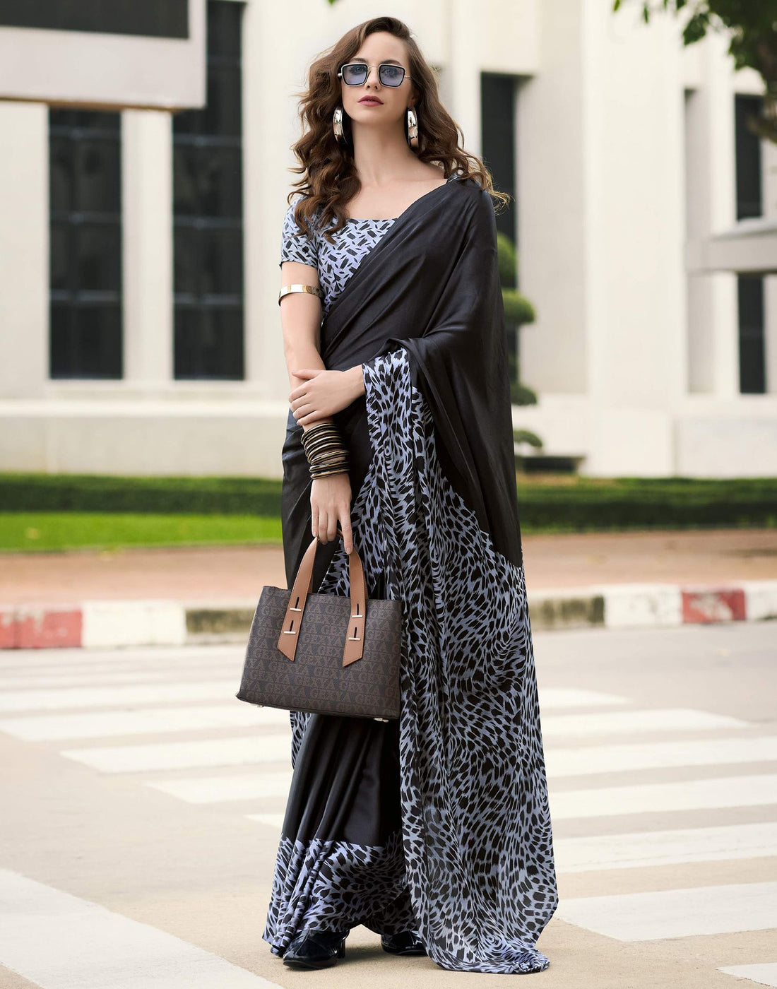 Black Satin Printed Saree